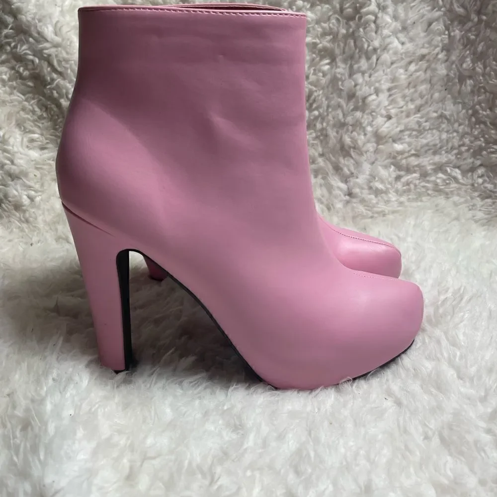 Allegra K faux leather pink ankle boots hidden platform heels side zipper SZ10